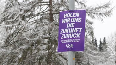 Wahlplakat zur Bundestagswahl 2025 der Volt Partei. im Hintergrund schneebedeckte Bäume. © picture alliance / Rene Traut Fotografie | Rene Traut
