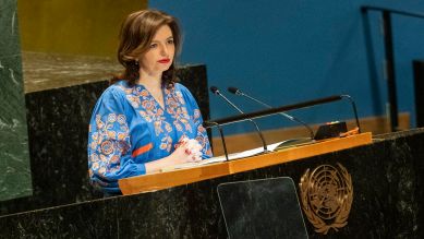 Marjana Beza, Vizeaußenministerin der Ukraine, bei der UN-Vollversammlung, New York, 24.02.2025; © picture alliance/ZUMA Press Wire/Lev Radin