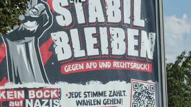 Grossflächenplakat der Organisation Kein Bock auf Nazis – Stabil bleiben gegen AfD und Rechtsruck, Erfurt 14.08.2024; © imago-images.de/Karina Hessland