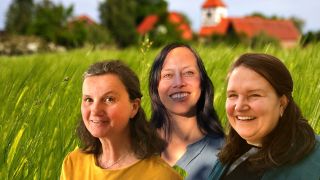v.l.n.r: Annette Petzold, Lý-Elisabeth Dang, Christina Kampf; im Hintergrund eine Dorfkirche und grüne Felder (Quelle: rbb/picture alliance/zb)