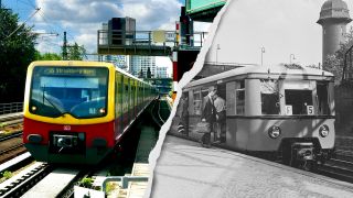 Fotomontage: S-Bahn heute und S-Bahn mit Reisenden auf dem Bahnhof Ostkreuz 1964 (Bild: rbb/Deutsche Bahn AG)